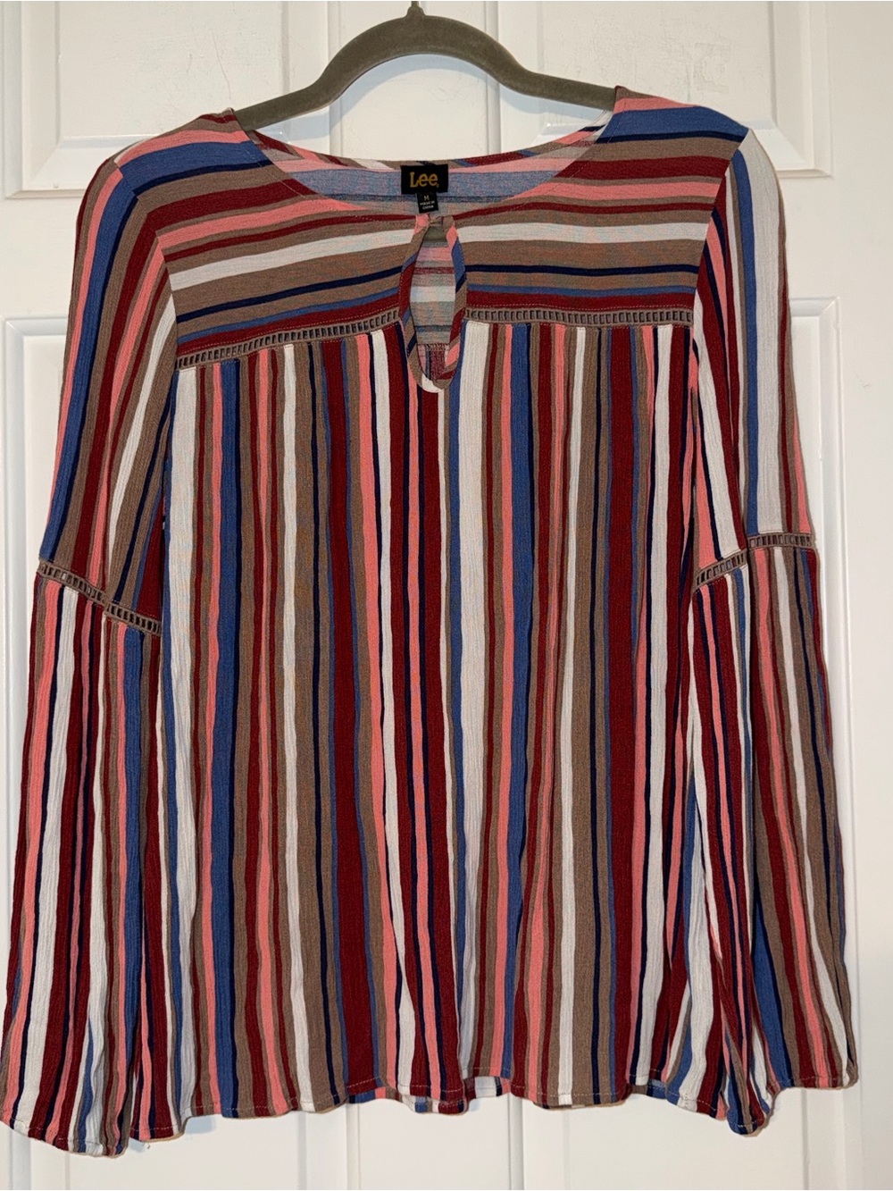 Lee Multicolor rayon striped Long Sleeve Blouse red blue pink boho keyhole M